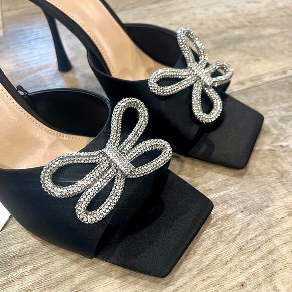 RARE MANGO Bow Rhinestone Heels NWT | Black Square Toe | Sz 7.5 & 9 - Picture 4 of 12